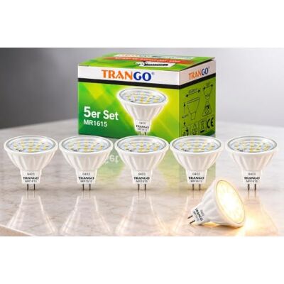 Trango 5er Set MR1615 LED Leuchtmittel 6 Watt 450 Lumen 12-Volt 3000K warmweiß mit MR16 I GU5.3 I G4 Fassung zum Austausch herkömmlicher Halogen Glühlampe, Reflektor Lampe, LED Birnen Trango 5er Set MR1615 LED Leuchtmittel 6 Watt 450 Lumen 12-Volt 3000K warmweiß mit MR16 I GU5.3 I G4 Fassung zum Austausch herkömmlicher Halogen Glühlampe, Reflektor Lampe, LED Birnen