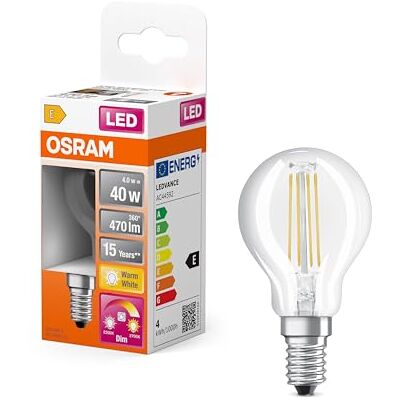 Osram STAR+ Dimmbare Filament LED Lampe mit E14 Sockel, Warmweiss (2200K bis 2700K) mit GlowDIM-Effekt, 4.50W, Tropfenform, Ersatz für 40W-Glühbirne, klar, LED SUPERSTAR CLASSIC P GLOWdim, 4er-Pack Osram STAR+ Dimmbare Filament LED Lampe mit E14 Sockel, Warmweiss (2200K bis 2700K) mit GlowDIM-Effekt, 4.50W, Tropfenform, Ersatz für 40W-Glühbirne, klar, LED SUPERSTAR CLASSIC P GLOWdim, 4er-Pack