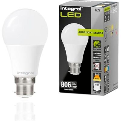 Integral LED 2PK GLS B22 Nicht dimmbare Milchglas Glühlampe mit Dämmerungssensor Dual Sensor Warm White 2700K, 806lm, 8W (entspricht 60W) für draußen, Veranda, Garage, Garten Integral LED 2PK GLS B22 Nicht dimmbare Milchglas Glühlampe mit Dämmerungssensor Dual Sensor Warm White 2700K, 806lm, 8W (entspricht 60W) für draußen, Veranda, Garage, Garten