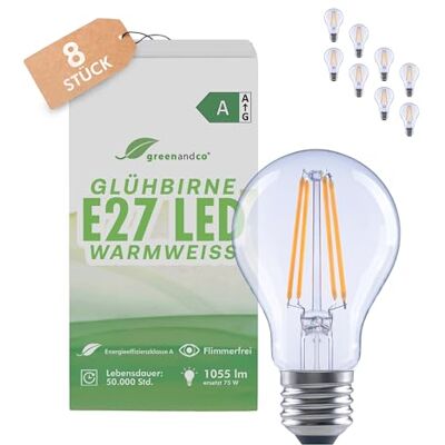 greenandco 8x Glühbirne E27 LED warmweiss, klar, 5W 1055lm, A60 230V Glühfaden LED Lampe ersetzt 75W, 2700K, 320° Abstrahlwinkel, flimmerfrei, Energieeffizienzklasse A, nicht dimmbar greenandco 8x Glühbirne E27 LED warmweiss, klar, 5W 1055lm, A60 230V Glühfaden LED Lampe ersetzt 75W, 2700K, 320° Abstrahlwinkel, flimmerfrei, Energieeffizienzklasse A, nicht dimmbar