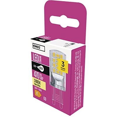 Emos G9 LED Lampe, 4W Ersatz für 40W Glühbirne, Pin JC, Helligkeit 470 lm, Warmweiß 3000 Kelvin, 30000 h Lebensdauer Emos G9 LED Lampe, 4W Ersatz für 40W Glühbirne, Pin JC, Helligkeit 470 lm, Warmweiß 3000 Kelvin, 30000 h Lebensdauer