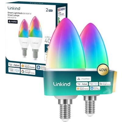 Linkind Matter Smart RGBTW LED Lampe E14, 470lm, 4.8W=40W, 1800K-6500K, 16 Mio. Farben & CRI 90+, 1-100% Dimmbar, Musik-Sync, Kerzenform, kompatibel mit Apple Home, Alexa, SmartThings, AiDot, 2 Stück Linkind Matter Smart RGBTW LED Lampe E14, 470lm, 4.8W=40W, 1800K-6500K, 16 Mio. Farben & CRI 90+, 1-100% Dimmbar, Musik-Sync, Kerzenform, kompatibel mit Apple Home, Alexa, SmartThings, AiDot, 2 Stück