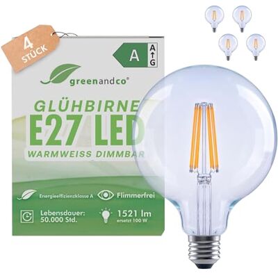 greenandco 4x Glühbirne E27 LED dimmbar, warmweiss, klar, 7.2W 1521lm, G125 230V Glühfaden LED Lampe ersetzt 100W, 3000K, 320° Abstrahlwinkel, flimmerfrei, Energieeffizienzklasse A greenandco 4x Glühbirne E27 LED dimmbar, warmweiss, klar, 7.2W 1521lm, G125 230V Glühfaden LED Lampe ersetzt 100W, 3000K, 320° Abstrahlwinkel, flimmerfrei, Energieeffizienzklasse A