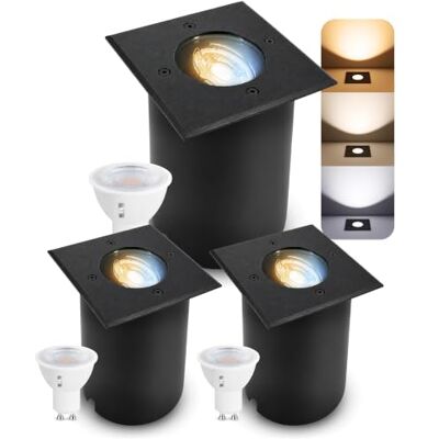 SSC-LUXon JUAVI Bodeneinbauleuchte 3er Set eckig IP67 GU10 5W 3 Lichtfarben Drei befahrbare Bodenstrahler bis 2000kg schwenkbar, warmweiß bis tageslicht, direkt an 230V, für Garten, inkl. LED SSC-LUXon JUAVI Bodeneinbauleuchte 3er Set eckig IP67 GU10 5W 3 Lichtfarben Drei befahrbare Bodenstrahler bis 2000kg schwenkbar, warmweiß bis tageslicht, direkt an 230V, für Garten, inkl. LED