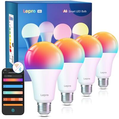 Lepro AI Smart Glühbirne B3, E27, 1521lm, 4er-Pack, dimmbar, WLAN/Bluetooth KI-Lichtdesigner und Foto-zu-Licht erzeugen persönliche Szenen; App und Sprachbefehle regeln Farbe und Helligkeit; im Alltag Lepro AI Smart Glühbirne B3, E27, 1521lm, 4er-Pack, dimmbar, WLAN/Bluetooth KI-Lichtdesigner und Foto-zu-Licht erzeugen persönliche Szenen; App und Sprachbefehle regeln Farbe und Helligkeit; im Alltag