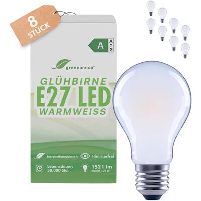 greenandco 8x Glühfaden LED Lampe matt E27 A60 7,2W 1521lm ersetzt 100W 3000K warmweiß 320° 230V flimmerfrei Energieeffizienzklasse A nicht dimmbar greenandco 8x Glühfaden LED Lampe matt E27 A60 7,2W 1521lm ersetzt 100W 3000K warmweiß 320° 230V flimmerfrei Energieeffizienzklasse A nicht dimmbar