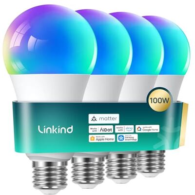 Linkind Matter smart glühbirne E27, 1600lm smart homekit lampe (104 Szenen) 14W ersetzt 100W WLAN LED Lampe RGBTW 2,4-GHz kompatibel Apple HomeKit/Alexa/Siri/Google/SmartThings, 4 Stück Linkind Matter smart glühbirne E27, 1600lm smart homekit lampe (104 Szenen) 14W ersetzt 100W WLAN LED Lampe RGBTW 2,4-GHz kompatibel Apple HomeKit/Alexa/Siri/Google/SmartThings, 4 Stück