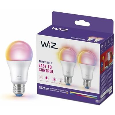 WiZ Smart LED A60-Lampe, Color und Tunable White, E27-Sockel, äquivalent 100 W, 2200–6500 K, 1521 Lumen, dimmbar, funktioniert mit Alexa, Google Assistant, und Apple HomeKit, 2er Pack WiZ Smart LED A60-Lampe, Color und Tunable White, E27-Sockel, äquivalent 100 W, 2200–6500 K, 1521 Lumen, dimmbar, funktioniert mit Alexa, Google Assistant, und Apple HomeKit, 2er Pack