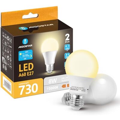 Aigostar LED Lampe mit Tageslichtsensor, E27 Lichtsensor Glühbirne, 8W (55W Equivalent) Dämmerungssensor Leuchtmittel, Warmweiß 3000K, Automatische On/Off Led Glühbirne für Korridor Garage Garten, 2 Stück Aigostar LED Lampe mit Tageslichtsensor, E27 Lichtsensor Glühbirne, 8W (55W Equivalent) Dämmerungssensor Leuchtmittel, Warmweiß 3000K, Automatische On/Off Led Glühbirne für Korridor Garage Garten, 2 Stück