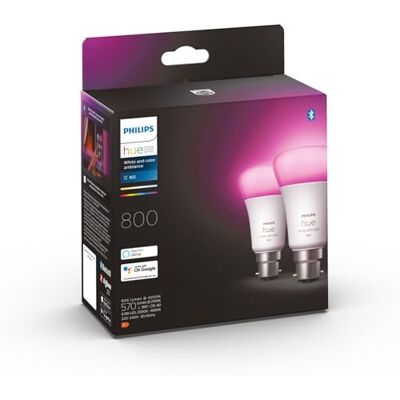 Philips Ambiance LED-Glühbirne, B22-Bajonettsockel, 800 Lumen, entspricht 60 W, Weiß/Farbe, 2 Stück Funktioniert mit Alexa, Google Assistant und Apple Homekit Philips Ambiance LED-Glühbirne, B22-Bajonettsockel, 800 Lumen, entspricht 60 W, Weiß/Farbe, 2 Stück Funktioniert mit Alexa, Google Assistant und Apple Homekit