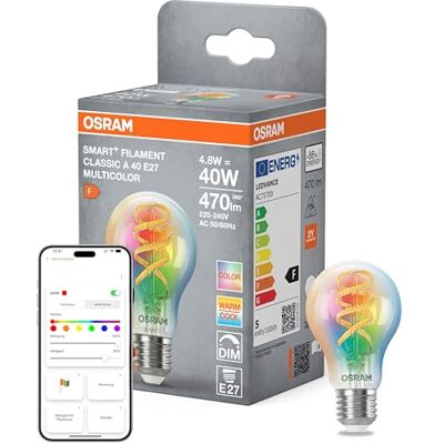 Osram SMART+ LED-Lampe Kolbenform A40 RGBW E27, Filament, Matter-ready, steuerbar per App, Multicolor, WiFi-Anbindung, 2700–6500 K Osram SMART+ LED-Lampe Kolbenform A40 RGBW E27, Filament, Matter-ready, steuerbar per App, Multicolor, WiFi-Anbindung, 2700–6500 K