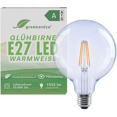 greenandco Glühbirne E27 LED warmweiss, klar, 5W 1055lm, G125 230V Glühfaden LED Lampe ersetzt 75W, 2700K, 320° Abstrahlwinkel, flimmerfrei, Energieeffizienzklasse A, nicht dimmbar greenandco Glühbirne E27 LED warmweiss, klar, 5W 1055lm, G125 230V Glühfaden LED Lampe ersetzt 75W, 2700K, 320° Abstrahlwinkel, flimmerfrei, Energieeffizienzklasse A, nicht dimmbar