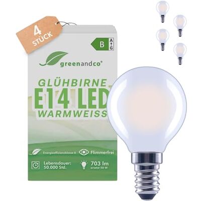 greenandco 4x LED Lampe E14 warmweiss, matt, 3.8W 703lm, CRI 90+, G45 230V Glühfaden LED Glühbirne ersetzt 50W, 2700K, 320° Abstrahlwinkel, flimmerfrei, Energieeffizienzklasse B, nicht dimmbar greenandco 4x LED Lampe E14 warmweiss, matt, 3.8W 703lm, CRI 90+, G45 230V Glühfaden LED Glühbirne ersetzt 50W, 2700K, 320° Abstrahlwinkel, flimmerfrei, Energieeffizienzklasse B, nicht dimmbar