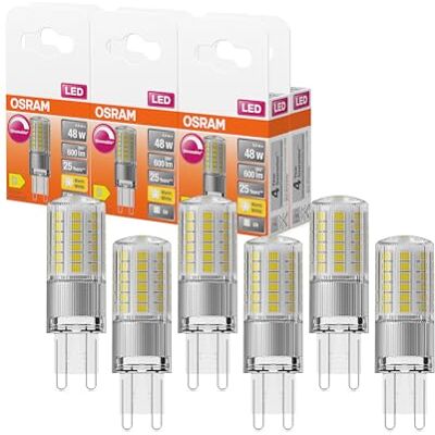 Osram LED PIN LED-Lampe aus klarfarbenem Kunststoff, mit 4.4 W für 600 lm, warmweißes Licht mit 2700 K, multicolor, Retrofit-Stecksockel G9, CRI 80, EEK D, dimmbar, 6-Pack Osram LED PIN LED-Lampe aus klarfarbenem Kunststoff, mit 4.4 W für 600 lm, warmweißes Licht mit 2700 K, multicolor, Retrofit-Stecksockel G9, CRI 80, EEK D, dimmbar, 6-Pack