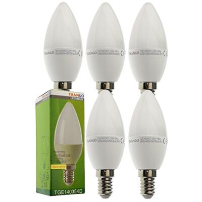 Trango 5er Pack E14035KD*5 LED Birne 3-Stufen dimmbar 5 Watt 400 Lumen 3000K Warmweiß Ersatz für 40W Glühbirne Kerzen LED Lampe Leuchtmittel mit E14 Fassung Abstrahlwinkel 170° Trango 5er Pack E14035KD*5 LED Birne 3-Stufen dimmbar 5 Watt 400 Lumen 3000K Warmweiß Ersatz für 40W Glühbirne Kerzen LED Lampe Leuchtmittel mit E14 Fassung Abstrahlwinkel 170°