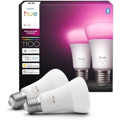 Philips White & Color Ambiance E27 LED Glühbirne, 1100lm, 16 Mio. Farben, dimmbares LED Licht, Leuchtmittel steuerbar via App und Stimme, kompatibel mit Amazon Alexa, 2er Pack, neue Generation Philips White & Color Ambiance E27 LED Glühbirne, 1100lm, 16 Mio. Farben, dimmbares LED Licht, Leuchtmittel steuerbar via App und Stimme, kompatibel mit Amazon Alexa, 2er Pack, neue Generation