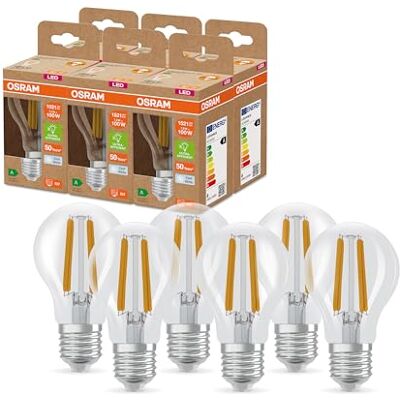 Osram SUPERSTAR+ CLASSIC A FIL 100 LED-Lampe, E27, 7,2W, 1512lm, 4000K, kaltweißes Licht, lange Lebensdauer, bis zu 60% Energieeinsparung vs. Standard LED-Lampen, 6-Pack, Weiß Osram SUPERSTAR+ CLASSIC A FIL 100 LED-Lampe, E27, 7,2W, 1512lm, 4000K, kaltweißes Licht, lange Lebensdauer, bis zu 60% Energieeinsparung vs. Standard LED-Lampen, 6-Pack, Weiß
