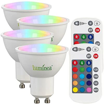 Luminea LED-Lampe GU 10: 4er-Set LED-Spots GU10, RGBW, 4,8 W, 400 lm, dimmbar (GU10 RGB, GU 10 RGB, Disco) Luminea LED-Lampe GU 10: 4er-Set LED-Spots GU10, RGBW, 4,8 W, 400 lm, dimmbar (GU10 RGB, GU 10 RGB, Disco)