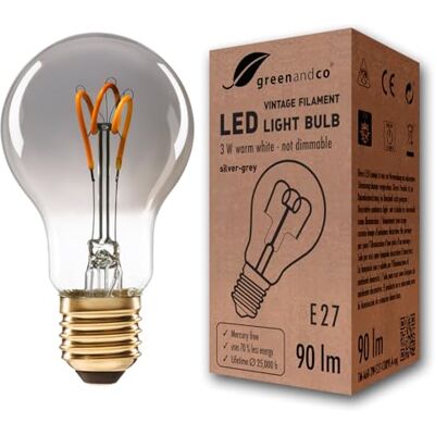 greenandco E27 LED Vintage Glühbirne A60 3W 90lm extra warmweiß, silber Glühfaden Glühbirne E27 Vintage, 1800K, 360° Abstrahlwinkel, 230V, flimmerfrei, nicht dimmbar greenandco E27 LED Vintage Glühbirne A60 3W 90lm extra warmweiß, silber Glühfaden Glühbirne E27 Vintage, 1800K, 360° Abstrahlwinkel, 230V, flimmerfrei, nicht dimmbar