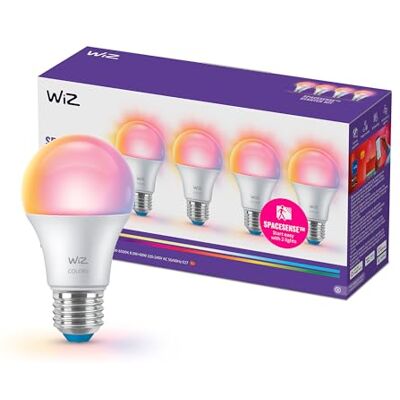 WiZ Smart LED A60 Glühbirne, Full Color and Tunable White, E27-Sockel, 60 W Äquivalent, 2200–6500 K, 806 Lumen, dimmbar, kompatibel mit Alexa, Google Assistant und Apple Home, 4er-Pack WiZ Smart LED A60 Glühbirne, Full Color and Tunable White, E27-Sockel, 60 W Äquivalent, 2200–6500 K, 806 Lumen, dimmbar, kompatibel mit Alexa, Google Assistant und Apple Home, 4er-Pack