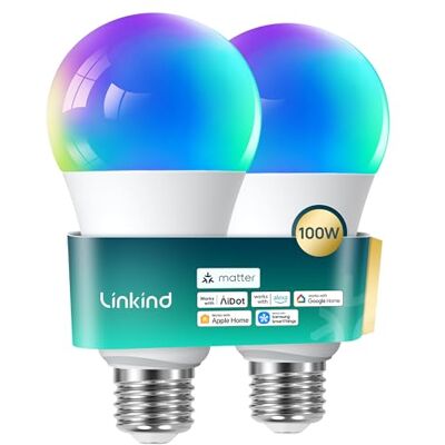 Linkind Matter E27 Smart LED Lampe 1600lm 14W, RGBTW & Weiß (1800-6500K), ersetzt 100W, 104 Szenen, 2,4GHz, kompatibel mit HomeKit/Alexa/Google/Siri/SmartThings, A67, 2er-Pack Linkind Matter E27 Smart LED Lampe 1600lm 14W, RGBTW & Weiß (1800-6500K), ersetzt 100W, 104 Szenen, 2,4GHz, kompatibel mit HomeKit/Alexa/Google/Siri/SmartThings, A67, 2er-Pack