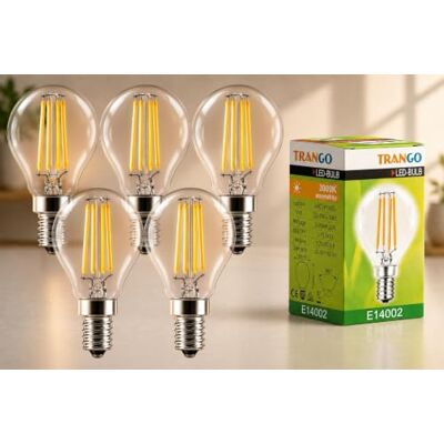 Trango 5er Pack E14004-5 LED Filament Globe Birne 3-Stufen dimmbar 4 Watt 400 Lumen 2700K Warmweiß Ersatz für 40W Glühbirne Kugel LED Lampe Leuchtmittel mit E14 Fassung Abstrahlwinkel 360° Trango 5er Pack E14004-5 LED Filament Globe Birne 3-Stufen dimmbar 4 Watt 400 Lumen 2700K Warmweiß Ersatz für 40W Glühbirne Kugel LED Lampe Leuchtmittel mit E14 Fassung Abstrahlwinkel 360°