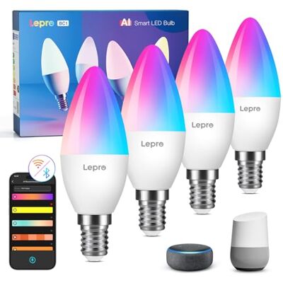Lepro Smart E14 LED C37, 4.9W 470LM RGB+CCT, Dimmbar, 4er Pack Personalisierter KI-Lichtdesigner, Kompatibel mit Alexa/Google, Musik Sync, WiFi & Bluetooth, KI-Ambientebeleuchtung Lepro Smart E14 LED C37, 4.9W 470LM RGB+CCT, Dimmbar, 4er Pack Personalisierter KI-Lichtdesigner, Kompatibel mit Alexa/Google, Musik Sync, WiFi & Bluetooth, KI-Ambientebeleuchtung