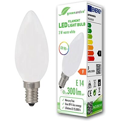 greenandco ® CRI90+ Glühfaden LED Lampe matt ersetzt 28 Watt E14 Kerze 3W 300 Lumen 2700K warmweiß Filament Fadenlampe 360° 230V AC nicht dimmbar flimmerfrei 2 Jahre Garantie greenandco ® CRI90+ Glühfaden LED Lampe matt ersetzt 28 Watt E14 Kerze 3W 300 Lumen 2700K warmweiß Filament Fadenlampe 360° 230V AC nicht dimmbar flimmerfrei 2 Jahre Garantie