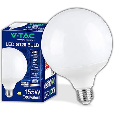 V-TAC LED Glühbirne Globe E27 22W (entspricht 125W) G120-2600 Lumen LED Lampe Globeform LED Glühlampen Energiesparlampe Licht 3000K Warmweiß V-TAC LED Glühbirne Globe E27 22W (entspricht 125W) G120-2600 Lumen LED Lampe Globeform LED Glühlampen Energiesparlampe Licht 3000K Warmweiß
