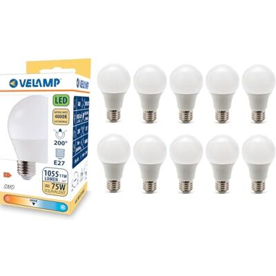 Velamp LED-Glühbirne, Standard A60, E27-Sockel, 12 W (1055 Lumen entsprechend 75 W), natürliches weißes Licht 4000 K, SMD-Technologie, 200° Abstrahlwinkel, Packung mit 10 Glühbirnen Velamp LED-Glühbirne, Standard A60, E27-Sockel, 12 W (1055 Lumen entsprechend 75 W), natürliches weißes Licht 4000 K, SMD-Technologie, 200° Abstrahlwinkel, Packung mit 10 Glühbirnen