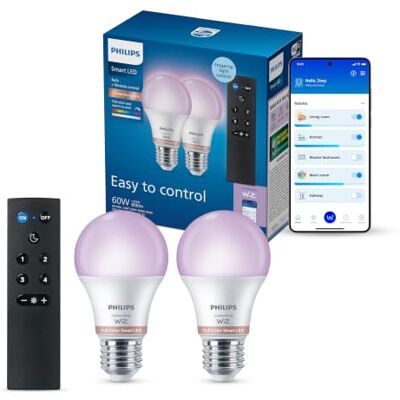 Philips Smart Lighting, 2 Smart LED RGB A60-Lampen mit Fernbedienung, E27-Sockel, 806 lm, farbiges und weißes Licht (2200–6500 K), niedrig dimmbar, kompatibel mit WiZ, Alexa, Google Home, Apple Home Philips Smart Lighting, 2 Smart LED RGB A60-Lampen mit Fernbedienung, E27-Sockel, 806 lm, farbiges und weißes Licht (2200–6500 K), niedrig dimmbar, kompatibel mit WiZ, Alexa, Google Home, Apple Home