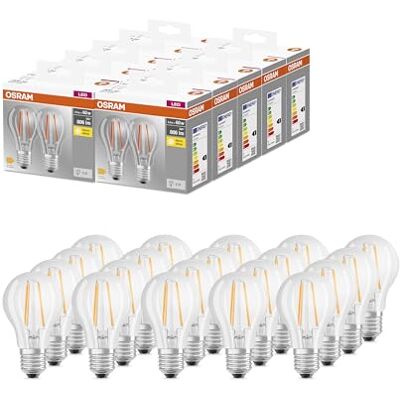 Osram BASE CLASSIC A FIL 60 LED-Lampe mit Sockel E27, klassische Kolbenform, Doppelpack, 6,5W, 806lm, 2700K, warmweißes Licht, geringe Wärmeentwicklung, lange Lebensdauer, energiesparend,20-Pack Osram BASE CLASSIC A FIL 60 LED-Lampe mit Sockel E27, klassische Kolbenform, Doppelpack, 6,5W, 806lm, 2700K, warmweißes Licht, geringe Wärmeentwicklung, lange Lebensdauer, energiesparend,20-Pack