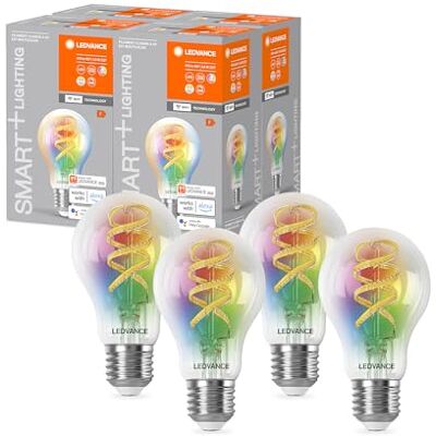 LEDVANCE SMART+ WIFI LED-Lampe, Weißglas, 4,8W, 470lm, klassische Glühlampenform mit E27, regulierbares Farb- & Weißlicht, dimmbar, steuerbar per App oder Sprachsteuerung, gute Lebensdauer, 4er Pack LEDVANCE SMART+ WIFI LED-Lampe, Weißglas, 4,8W, 470lm, klassische Glühlampenform mit E27, regulierbares Farb- & Weißlicht, dimmbar, steuerbar per App oder Sprachsteuerung, gute Lebensdauer, 4er Pack