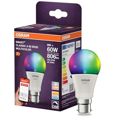 Osram SMART LED Lampe A60 Kolbenform B22D, 9W ZigBee 3.0, RGBW 16 Mio. Farben, dimmbar, App Steuerung, Alexa Osram SMART LED Lampe A60 Kolbenform B22D, 9W ZigBee 3.0, RGBW 16 Mio. Farben, dimmbar, App Steuerung, Alexa