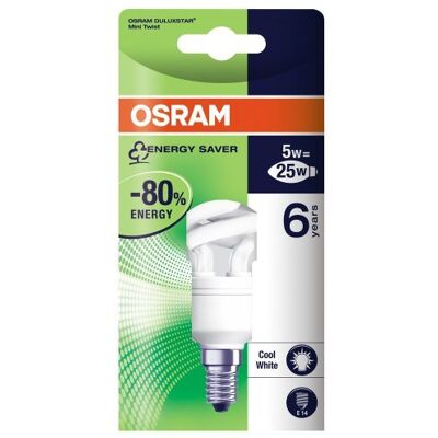 Osram 63162B1 Duluxstar Mini Twist E14 mini Energiesparlampe in gedrehter Form 5W/840, kaltweiß Osram 63162B1 Duluxstar Mini Twist E14 mini Energiesparlampe in gedrehter Form 5W/840, kaltweiß