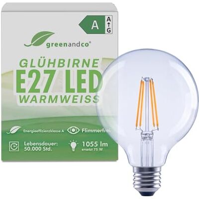 greenandco Glühbirne E27 LED warmweiss, klar, 5W 1055lm, G95 230V Glühfaden LED Lampe ersetzt 75W, 2700K, 320° Abstrahlwinkel, flimmerfrei, Energieeffizienzklasse A, nicht dimmbar greenandco Glühbirne E27 LED warmweiss, klar, 5W 1055lm, G95 230V Glühfaden LED Lampe ersetzt 75W, 2700K, 320° Abstrahlwinkel, flimmerfrei, Energieeffizienzklasse A, nicht dimmbar