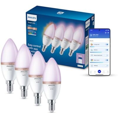 Philips Smart Lighting, Smart LED RGB C37 Lampe, 4er-Pack E14-Sockel, 470 lm, farbiges und einstellbares weißes Licht 2200–6500 K, niedrig dimmbar, kompatibel mit WiZ, Alexa, Google Home, Apple Home Philips Smart Lighting, Smart LED RGB C37 Lampe, 4er-Pack E14-Sockel, 470 lm, farbiges und einstellbares weißes Licht 2200–6500 K, niedrig dimmbar, kompatibel mit WiZ, Alexa, Google Home, Apple Home