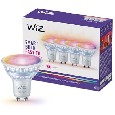 WiZ Smart LED Glass GU10 Spotlight, Full Color and Tunable White, 50 W Äquivalent, 2200–6500 K, 345 Lumen, dimmbar, kompatibel mit Alexa, Google Assistant und Apple Home, 4er-Pack WiZ Smart LED Glass GU10 Spotlight, Full Color and Tunable White, 50 W Äquivalent, 2200–6500 K, 345 Lumen, dimmbar, kompatibel mit Alexa, Google Assistant und Apple Home, 4er-Pack