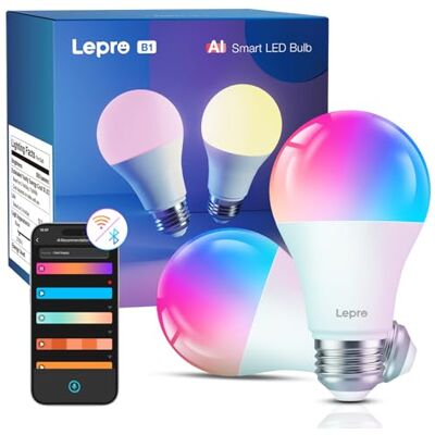 Lepro AI Smart Glühbirne B1, E27, 8,5W, 806lm, 2er-Pack, dimmbar, RGB+CCT KI-Lichtdesigner erzeugt persönliche Farben und Lichtszenen; App und Sprachbefehle regeln Farbe und Helligkeit; im Alltag Lepro AI Smart Glühbirne B1, E27, 8,5W, 806lm, 2er-Pack, dimmbar, RGB+CCT KI-Lichtdesigner erzeugt persönliche Farben und Lichtszenen; App und Sprachbefehle regeln Farbe und Helligkeit; im Alltag
