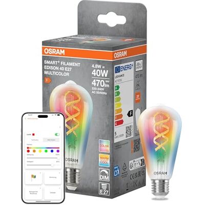 Osram SMART+ LED-Lampe Edison 40 Filament E27, RGBW, Matter-kompatibel, WiFi-Anbindung, App- und Sprachsteuerung, 4,8W, Multicolor, dimmbar Osram SMART+ LED-Lampe Edison 40 Filament E27, RGBW, Matter-kompatibel, WiFi-Anbindung, App- und Sprachsteuerung, 4,8W, Multicolor, dimmbar