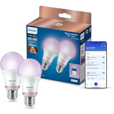 Philips Smart Lighting, Smarte LED RGB A60-Lampe, 2er-Pack, E27-Sockel, 1521 lm, Farbiges u. Einstellbares Weißes Licht 2.200–6.500 K, Niedrig Dimmbar, Connected by WiZ, Alexa, Google Home, Apple Home Philips Smart Lighting, Smarte LED RGB A60-Lampe, 2er-Pack, E27-Sockel, 1521 lm, Farbiges u. Einstellbares Weißes Licht 2.200–6.500 K, Niedrig Dimmbar, Connected by WiZ, Alexa, Google Home, Apple Home