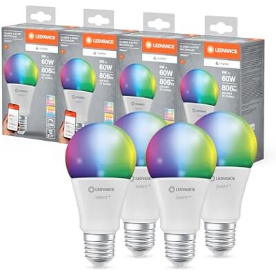 LEDVANCE SMART+ MATTER LED-Lampe, kompatibel mit Google, Alexa, Apple, weiße Frost-Optik, 9W, 806lm, E27, Farblicht und Weißlicht, App- oder Sprachsteuerung, bis zu 20.000 Std. Lebensdauer, 4-Pack LEDVANCE SMART+ MATTER LED-Lampe, kompatibel mit Google, Alexa, Apple, weiße Frost-Optik, 9W, 806lm, E27, Farblicht und Weißlicht, App- oder Sprachsteuerung, bis zu 20.000 Std. Lebensdauer, 4-Pack