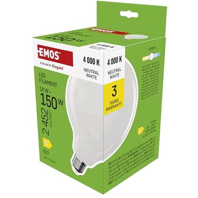 Emos LED Lampe Edison G125, 18W Ersatz für 150W Glühbirne, milchige Glühlampe Globus mit E27 Sockel und Helligkeit 2452 lm, Neutralweiß 4000 K, 25000 Stunden Lebensdauer, CRI > 80, 360° Abstrahlwinkel Emos LED Lampe Edison G125, 18W Ersatz für 150W Glühbirne, milchige Glühlampe Globus mit E27 Sockel und Helligkeit 2452 lm, Neutralweiß 4000 K, 25000 Stunden Lebensdauer, CRI > 80, 360° Abstrahlwinkel