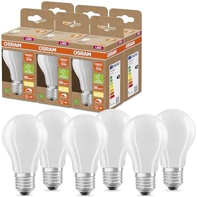 Osram SUPERSTAR+ CLASSIC A GLFR 75 LED-Lampe, E27, Kolbenform, 5,7W, 1055lm, 2700K, warmweißes Licht, dimmbar, LED-Filament-Technologie, sehr energiesparend, Energieeffizienzklasse B,6-Pack Osram SUPERSTAR+ CLASSIC A GLFR 75 LED-Lampe, E27, Kolbenform, 5,7W, 1055lm, 2700K, warmweißes Licht, dimmbar, LED-Filament-Technologie, sehr energiesparend, Energieeffizienzklasse B,6-Pack