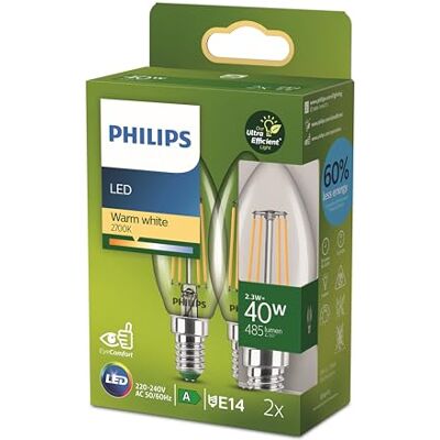Philips Classic ultraeffiziente LED-Lampe mit Energieeffizienzklasse A, ersetzt 40W, E14 Sockel, Kerze, klar, warmweißes Licht (2700K), 2er Pack, neue Generation, Warmweiß Philips Classic ultraeffiziente LED-Lampe mit Energieeffizienzklasse A, ersetzt 40W, E14 Sockel, Kerze, klar, warmweißes Licht (2700K), 2er Pack, neue Generation, Warmweiß