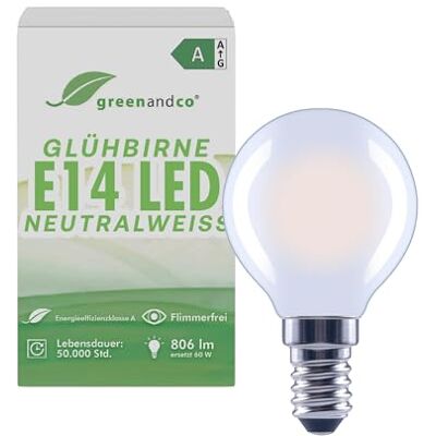 greenandco LED Lampe E14 neutralweiss, matt, 3.8W 806lm, G45 230V Glühfaden LED Glühbirne ersetzt 60W, 4000K, 320° Abstrahlwinkel, flimmerfrei, Energieeffizienzklasse A, nicht dimmbar greenandco LED Lampe E14 neutralweiss, matt, 3.8W 806lm, G45 230V Glühfaden LED Glühbirne ersetzt 60W, 4000K, 320° Abstrahlwinkel, flimmerfrei, Energieeffizienzklasse A, nicht dimmbar
