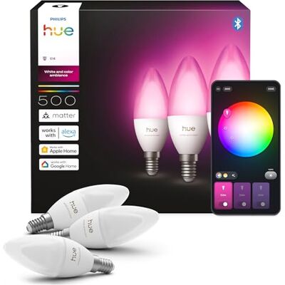 Philips Smart LED-Lampe, B39, E14, 3er Pack, White and Color Ambiance, Vollspektrumlicht 1.000 K–20.000 K, 500 lm, Extrem Niedrig Dimmbar, Chromasync, Alexa, Google Home, Apple Home Philips Smart LED-Lampe, B39, E14, 3er Pack, White and Color Ambiance, Vollspektrumlicht 1.000 K–20.000 K, 500 lm, Extrem Niedrig Dimmbar, Chromasync, Alexa, Google Home, Apple Home