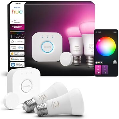 Philips Starter Set: Bridge + 2 E27 Smarte Lampen + Smart Button, White and Color Ambiance, Smart Light Hub, LED Lampen steuerbar mit Apple Home, Alexa, Google Assistant, Samsung SmartThings Philips Starter Set: Bridge + 2 E27 Smarte Lampen + Smart Button, White and Color Ambiance, Smart Light Hub, LED Lampen steuerbar mit Apple Home, Alexa, Google Assistant, Samsung SmartThings