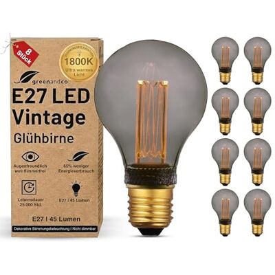 greenandco 8x Vintage Design LED Birne zur Stimmungsbeleuchtung E27 A60 smoke 2W 45lm 1800K extra warmweiß 320° 230V flimmerfrei nicht dimmbar Edison Glühbirne greenandco 8x Vintage Design LED Birne zur Stimmungsbeleuchtung E27 A60 smoke 2W 45lm 1800K extra warmweiß 320° 230V flimmerfrei nicht dimmbar Edison Glühbirne