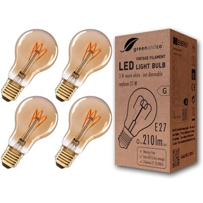 greenandco 4x E27 LED Vintage Glühbirne A60 3W 210lm extra warmweiß, gold Glühfaden Glühbirne E27 Vintage, 2000K, 360° Abstrahlwinkel, 230V, flimmerfrei, nicht dimmbar greenandco 4x E27 LED Vintage Glühbirne A60 3W 210lm extra warmweiß, gold Glühfaden Glühbirne E27 Vintage, 2000K, 360° Abstrahlwinkel, 230V, flimmerfrei, nicht dimmbar